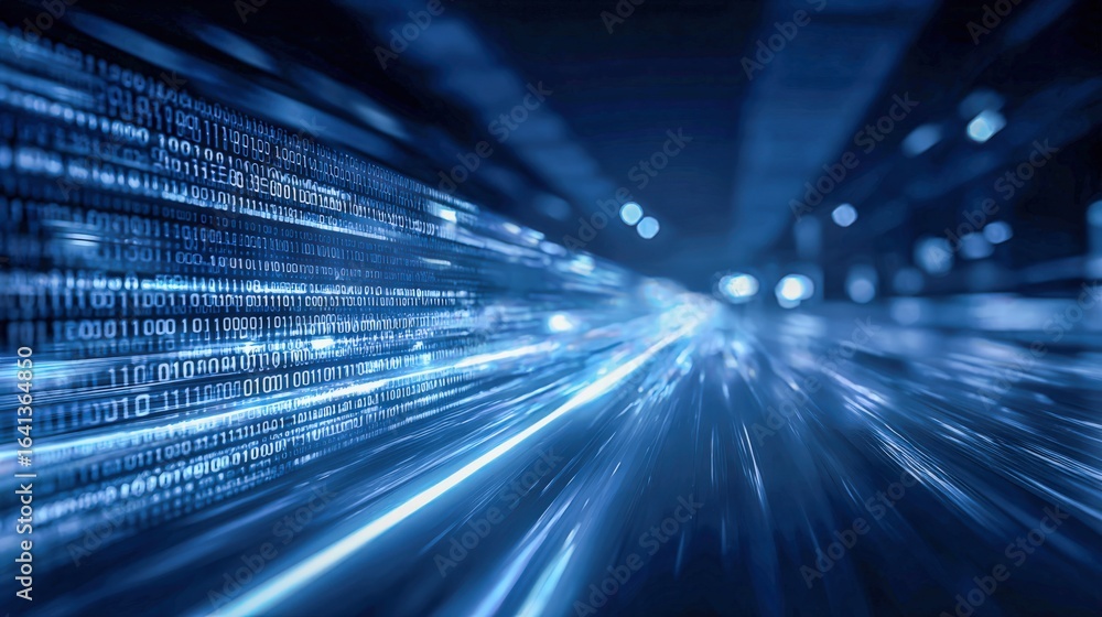 Poster binary data stream abstract visual, concept of high-speed data transfer in cyberspace