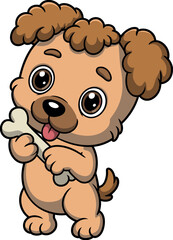 Cartoon puppy with brown fur, curly dark brown hair, expressive eyes, black nose, pink tongue out, holding bone, playful pose, cute animal character