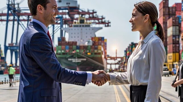 Close-up of two businesspeople shaking hands at a commercial port.
