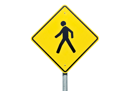 Yellow diamond pedestrian crossing warning sign mounted on pole isolated on transparent background