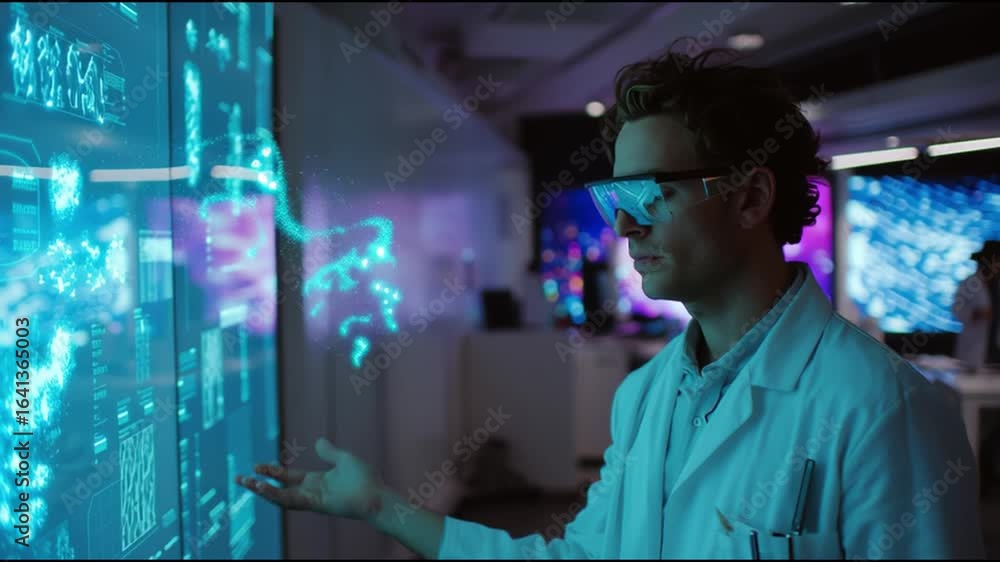 Poster researcher operates advanced digital interface in high-tech laboratory exploring innovative technolo
