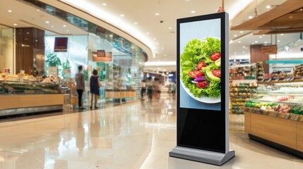 Digital Signage Display Featuring a Salad Advertisement in a Modern Shopping Mall Environment