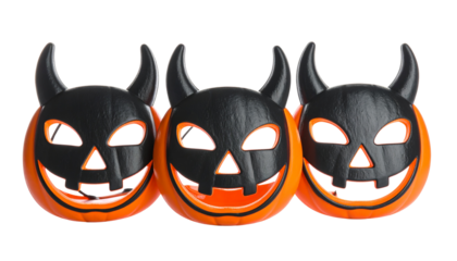 Happy Halloween cartoon devil character face with a red smile mask isolated on a black background