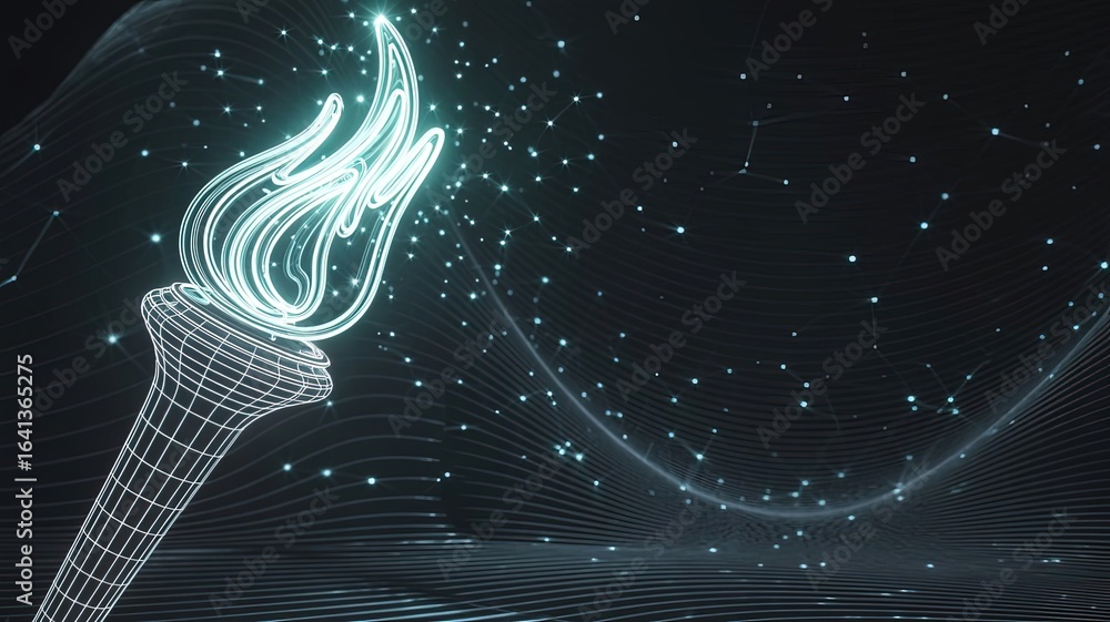 Poster illuminated torch of innovation: a glowing wireframe torch, emanating light particles against a dark
