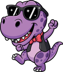 Cartoon purple dinosaur, black sunglasses, red bow tie, black vest, dancing pose, cheerful smile, playful character, fun mascot design