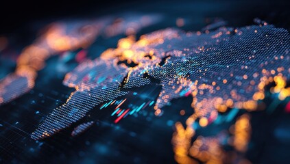 Global data visualization, glowing world map with digital indicators and market trends