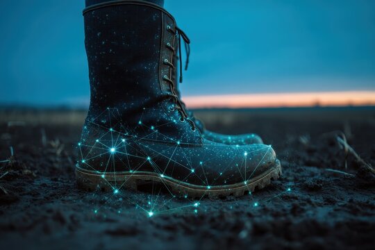 Dark boots on soil, lit by glowing network