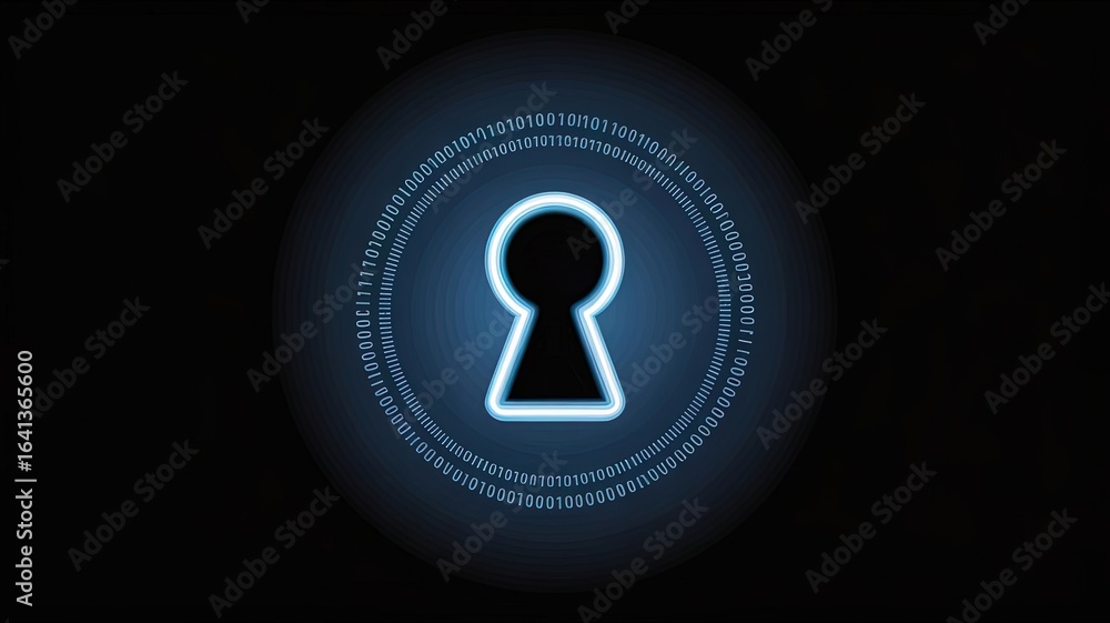 Poster cybersecurity symbol: a digital depiction of a keyhole, bathed in an ethereal, bright glow. a visual