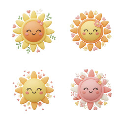 Fototapeta premium Four adorable cartoon suns with flower accents