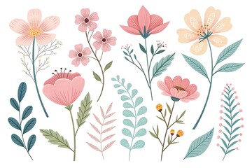 Delicate watercolor floral illustration with soft pastel pink and yellow flowers and green leaves