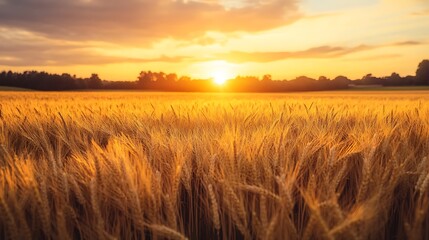 Obraz premium Wheat Field at Golden Sunset Landscape Ripe Grain