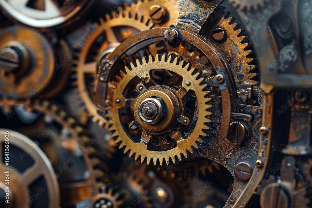 Poster metallic gears interlock and rotate, showcasing the intricate workings of a complex mechanism