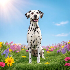 Dalmatian dog sitting in a field of flowers Keywords: dog, dalmatian, animal, pet, canine