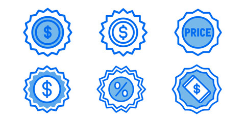 Collection of blue and white price tag and badge symbols 