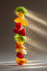 sliced fruits kiwi orange , berry mid-air with gloving beams of sunlight 