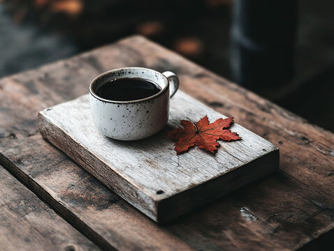 Minimal autumn coffee scene, white ceramic cup of black coffee on wooden table