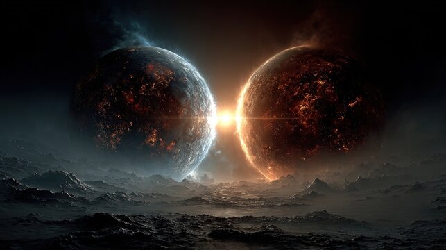 Two fiery planets loom over a desolate, icy landscape in a dark cosmos