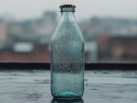 Clear glass bottle with cold water and condensation drops