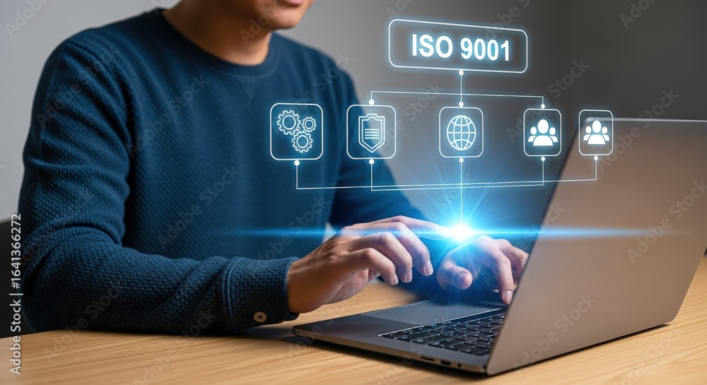 Poster man using laptop with virtual diagram of quality control iso 9001 certification standards