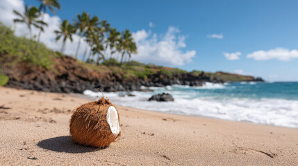 Obraz premium tranquil hawaiian beach scene featuring coconut resting on soft golden sand embodying pure relaxation and island