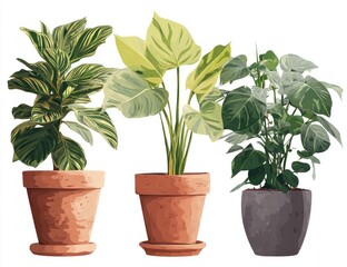 Fototapeta premium Three potted houseplants in terracotta and grey pots
