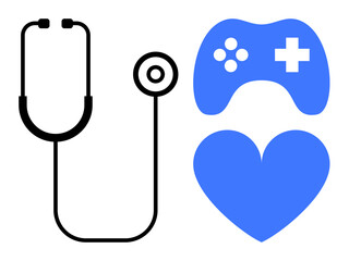 Stethoscope beside a blue game controller and heart icon suggesting connections between healthcare, gaming, and wellness. Ideal for healthcare, gaming, health tech, gamification, fitness apps