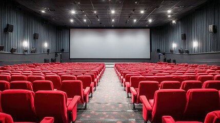 Empty Movie Theater Auditorium with Red Seats and Large Screen, Ready for Entertainment
