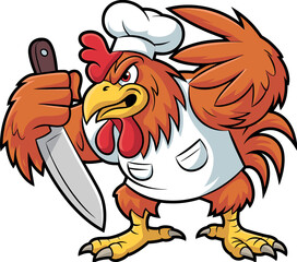Cartoon rooster chef with knife, wearing white hat and apron, fierce farm animal character, humorous cooking illustration, red orange feathers