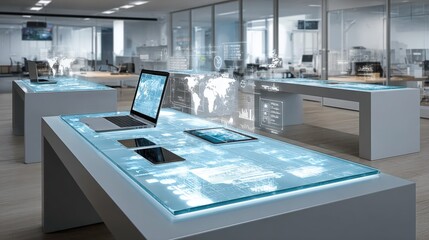Futuristic Office Workspace with Technology Overlays, Laptop, Tablet, and Smartphone Displayed on a Modern Desk