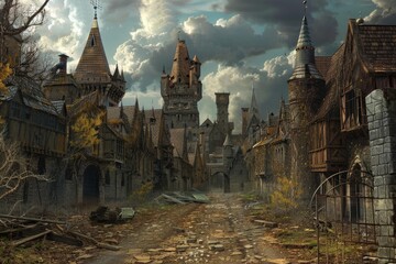 Deserted medieval village with impressive castle under cloudy sky illustrating a fantasy concept