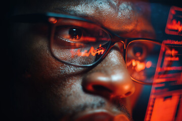 Close up portrait of a black man with glasses reflecting red diagrams and statistics, illuminated face,  intense stressed expression