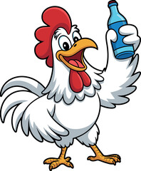 Cartoon rooster holding blue bottle, cheerful farm bird with raised wing, funny anthropomorphic animal illustration, playful character design, concept