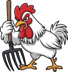 Cartoon rooster with pitchfork, white-feathered farm bird in assertive pose, funny anthropomorphic animal illustration, determined character design, concept