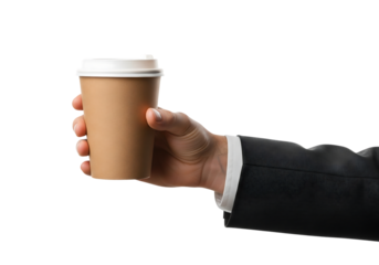 Businessman's hand in a suit holding a disposable paper coffee cup to go. Isolated on transparent background, png