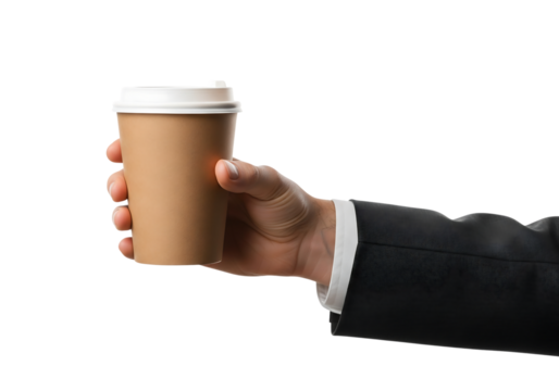 Businessman's hand in a suit holding a disposable paper coffee cup to go. Isolated on transparent background, png - Powered by Adobe