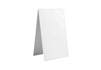White blank paper table tent card, standing A frame mockup for menu or sign. Isolated on transparent background, png