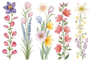 Delicate watercolor floral arrangements showcasing a variety of colorful spring flowers in vertical compositions