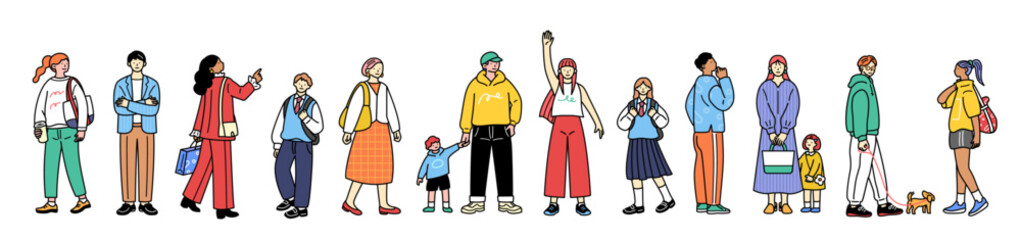 A set of vector illustrations of people. People walking, commuting, going to school, and shopping.