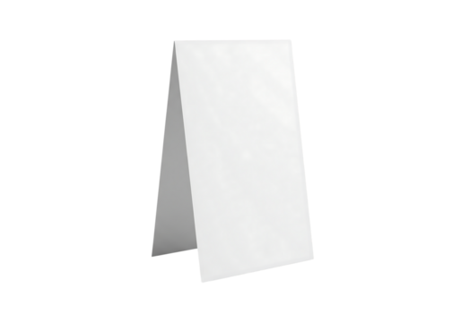 White blank paper table tent card, standing A frame mockup for menu or sign. Isolated on transparent background, png