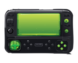 Fototapeta premium Detailed drawing of a sleek black handheld game console with green buttons and a blank screen, designed for digital media