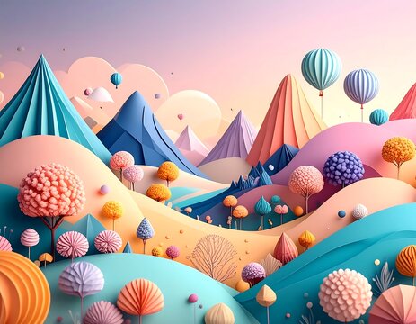 Colorful 3D landscape with mountains, trees, and balloons - Powered by Adobe