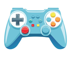 A colorful modern game controller in a vibrant light blue, with contrasting orange and yellow buttons for a cheerful design