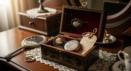 Antique jewelry box open, revealing vintage brooches and a pocket watch, resting on a vanity.