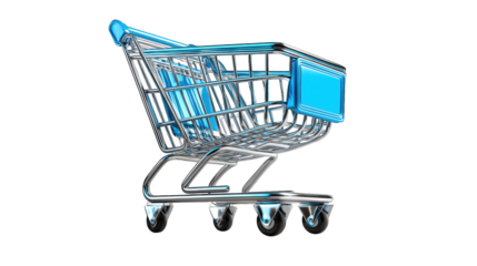 Modern metallic shopping cart icon with blue highlights