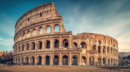 Majestic Colosseum in Rome, Italy: Ancient Amphitheater Under Blue Sky, Architectural Marvel and Historical Landmark