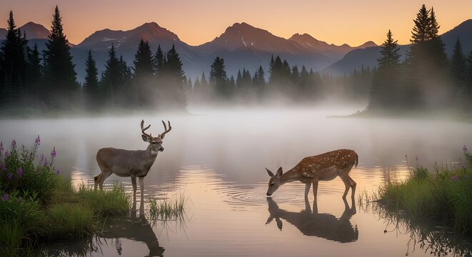 Mountain lake at sunrise with mist and wild deer drinking water
