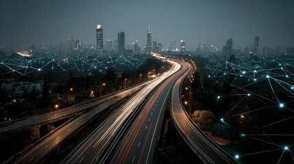Obraz premium City highway network at night, connected by digital lines