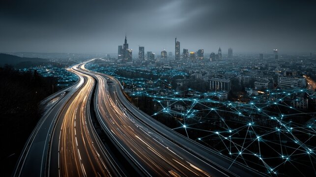 City highway at night with network connections overlaid