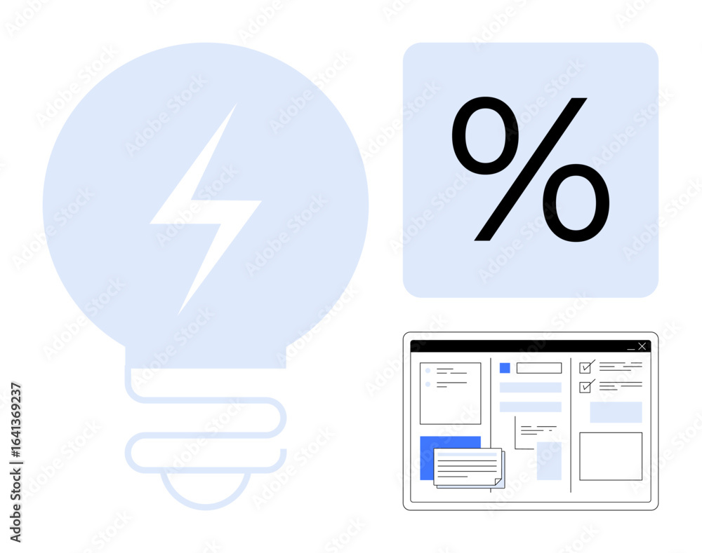 Poster lightning bolt icon beside a percentage symbol and a web dashboard interface, representing progress,