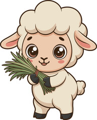 Cartoon sheep with fluffy white coat, pink cheeks, brown eyes, holding green grass bundle with red string, cute upright pose